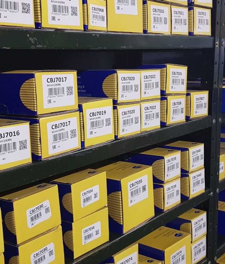Parts on shelves in stock room